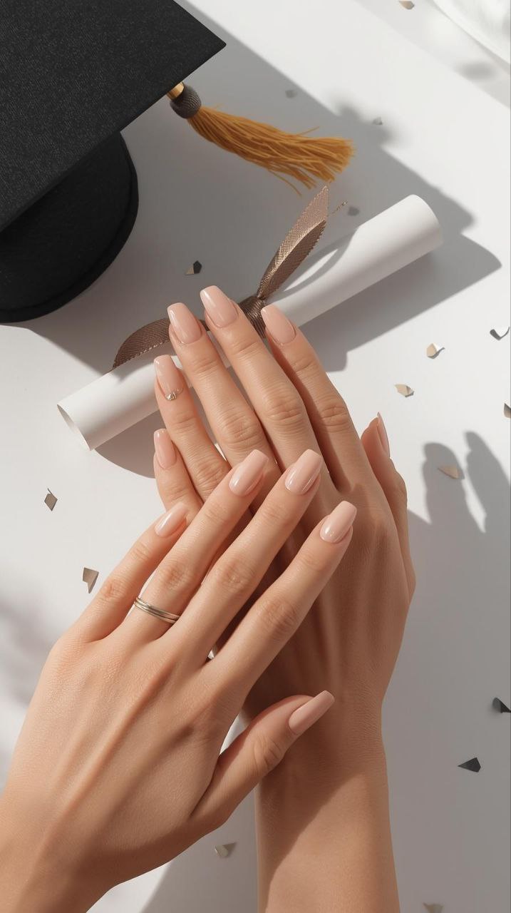 "Medium-length square nails in neutral glossy shades on female hands, elegant graduation day nail design with soft blush tones."