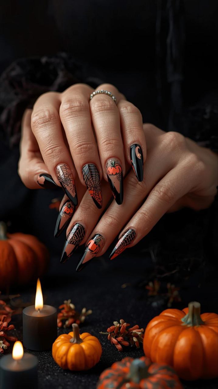 "Stiletto nails in black and orange Halloween-themed designs with pumpkins and spiderwebs on female hands."