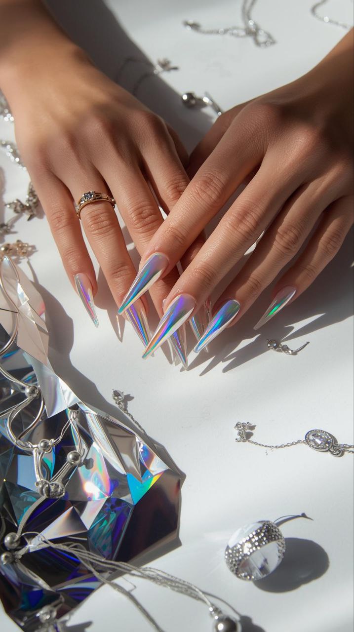 "Long stiletto nails with holographic foil accents on female hands, shiny and reflective ultra-realistic nail art."