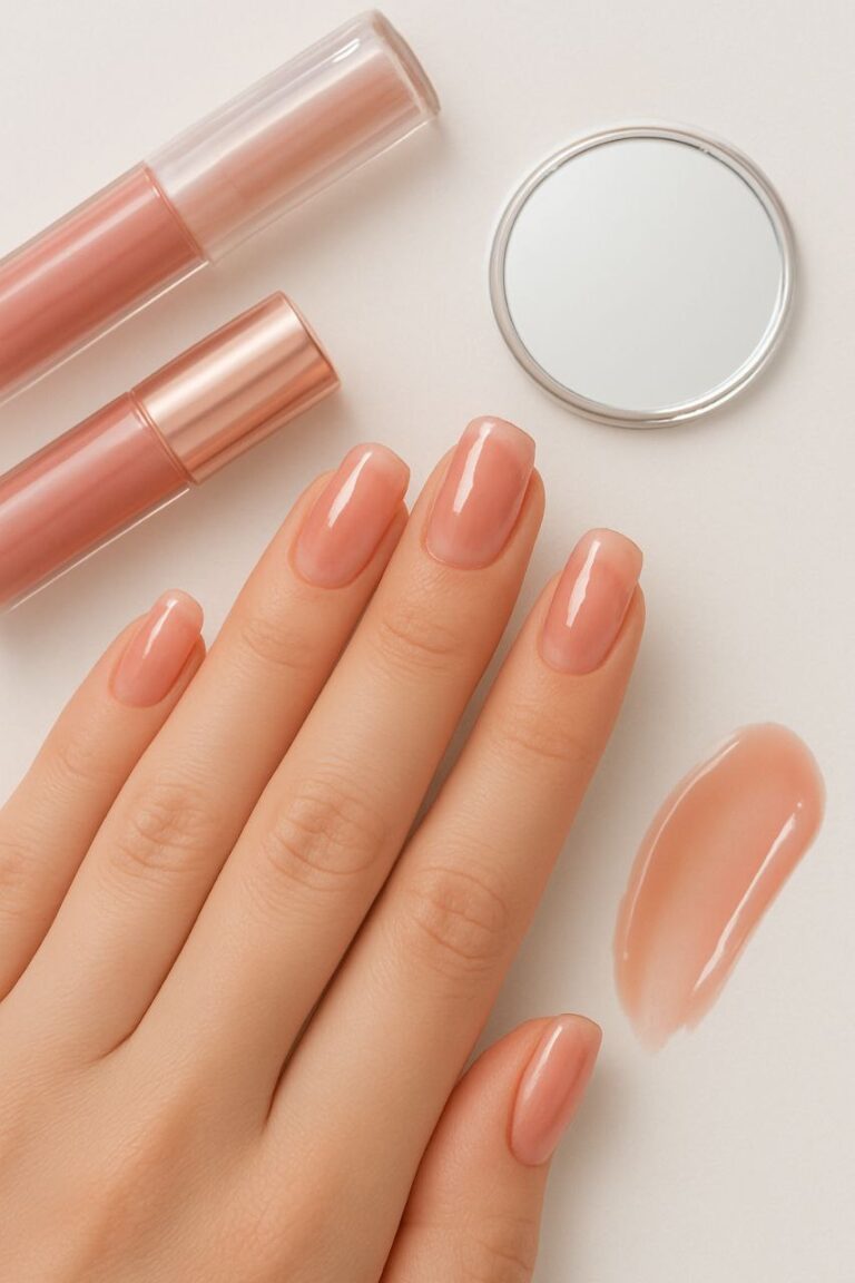 “Trendy lip gloss nails with juicy high shine finish, close-up studio shot”
