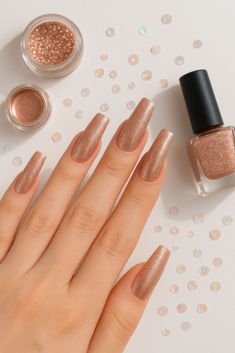 “Elegant long square nails with shimmer and glitter effect in professional studio light”