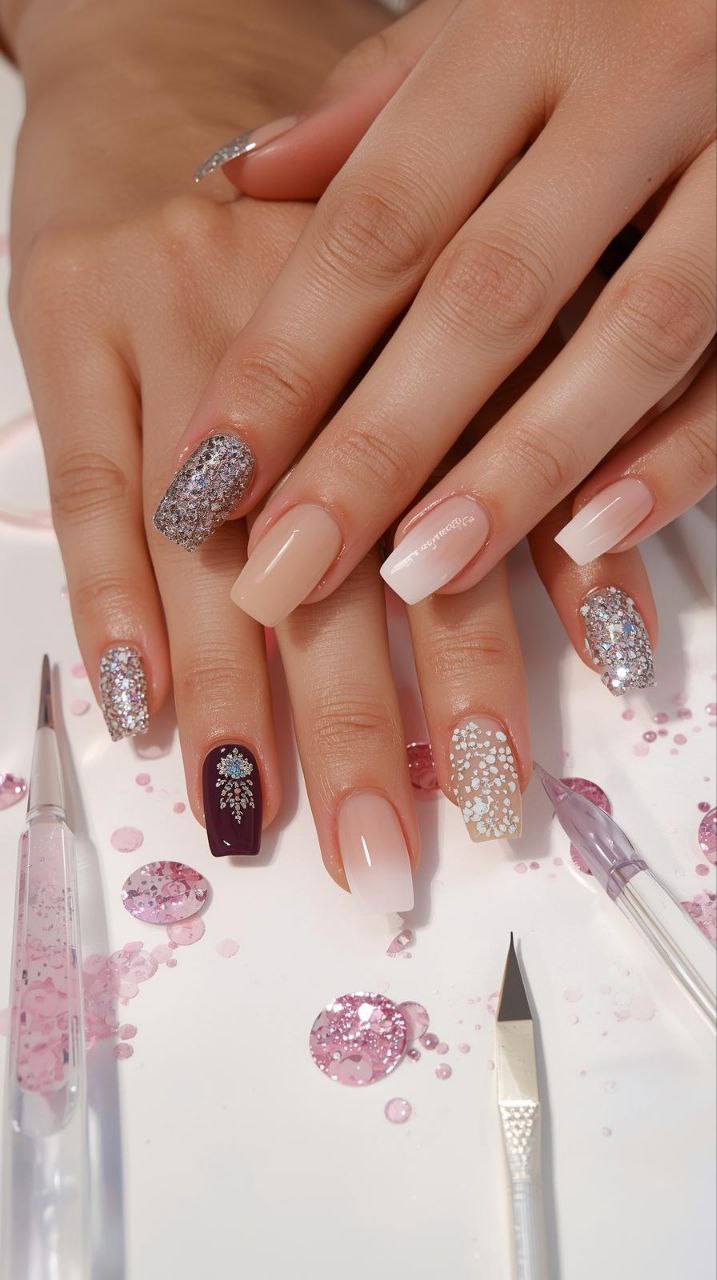 "Medium-length square nails with mix-and-match nail art designs including glitter, matte, ombre, and decals on female hands."