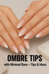 Hands with nude or light pink minimal base nails featuring soft white ombre tips, styled in a clean and elegant studio setting with soft lighting.