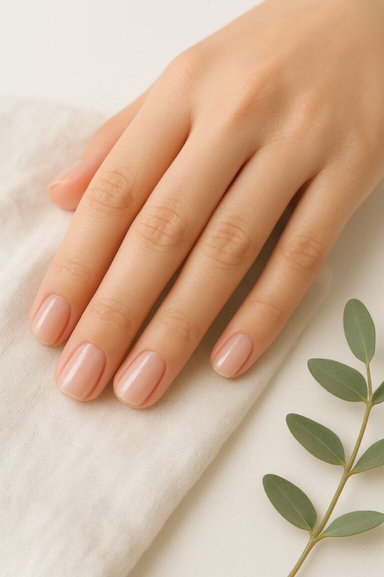 “Minimal short natural nails with buffed glossy shine in soft studio lighting”