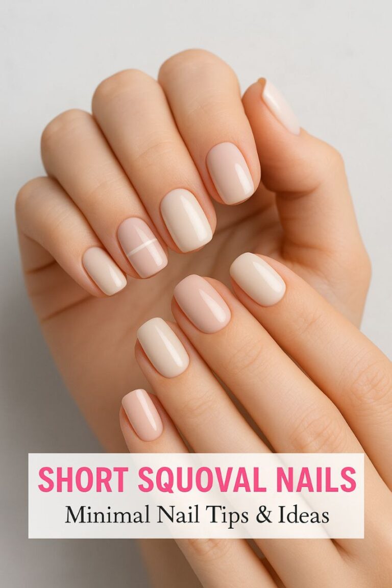 Hands with short squoval-shaped nails featuring minimalist nail art in nude, beige, and pastel colors, bright studio lighting, clean and elegant design.”