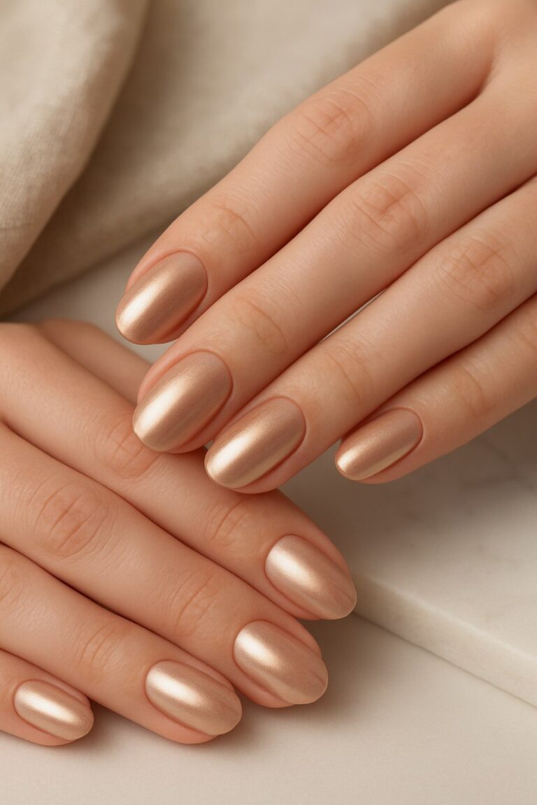 Hands with soft round nails in a nude chrome finish, featuring subtle reflective shimmer and smooth gradient, styled in a clean and elegant studio setting.”