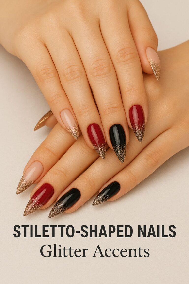 Hands with medium to long stiletto-shaped nails showcasing glitter accents at the tips or as an ombré effect, on a glossy base color like nude, red, or black, in a clean and elegant studio setting.”
