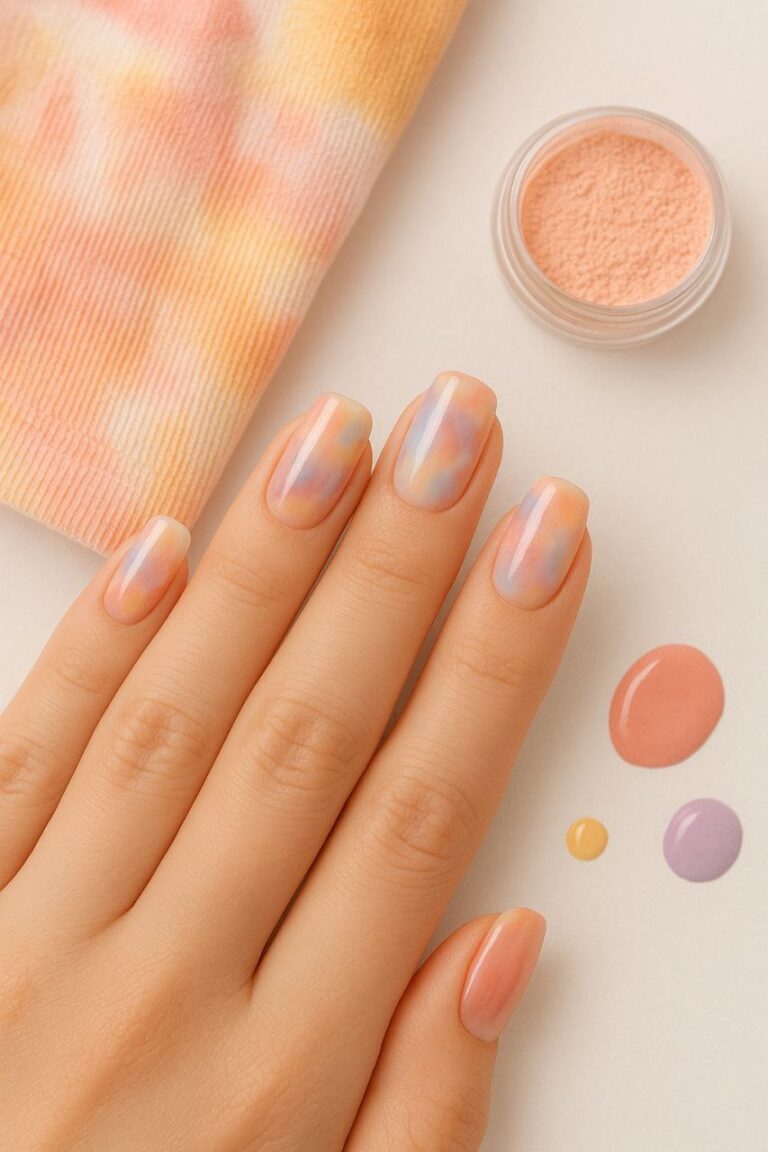 “Colorful tie-dye effect nail art with pastel and vibrant patterns”