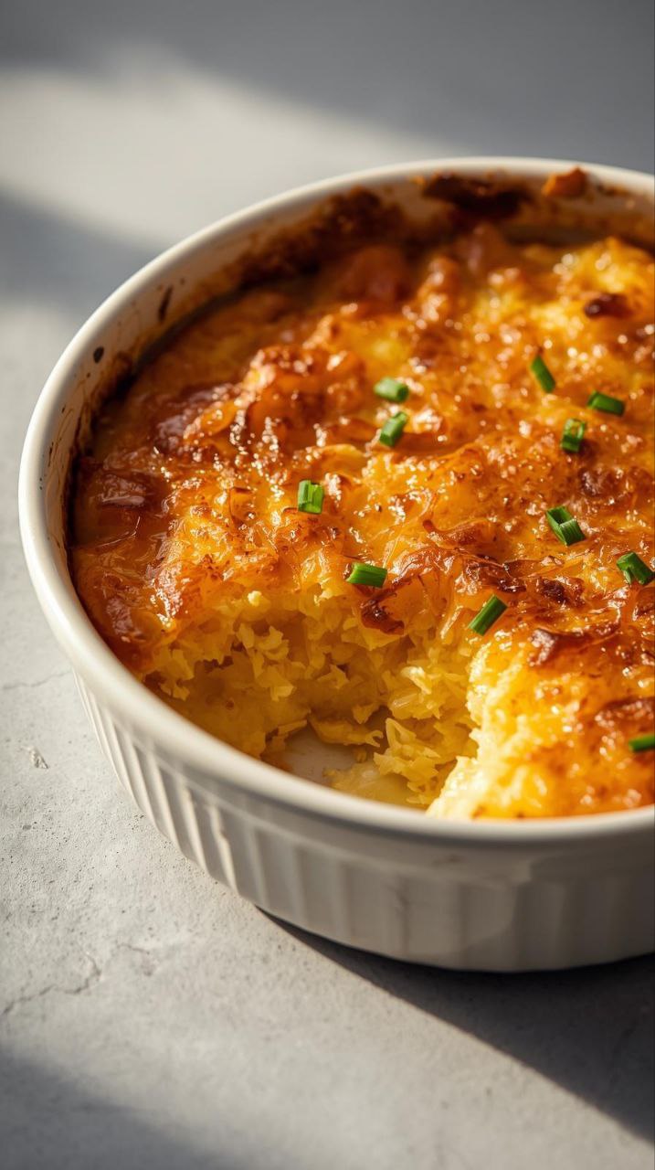 A golden-brown Hash Brown Breakfast Casserole with melted cheese and chive garnish in a rustic dish, shot in a bright studio setting.