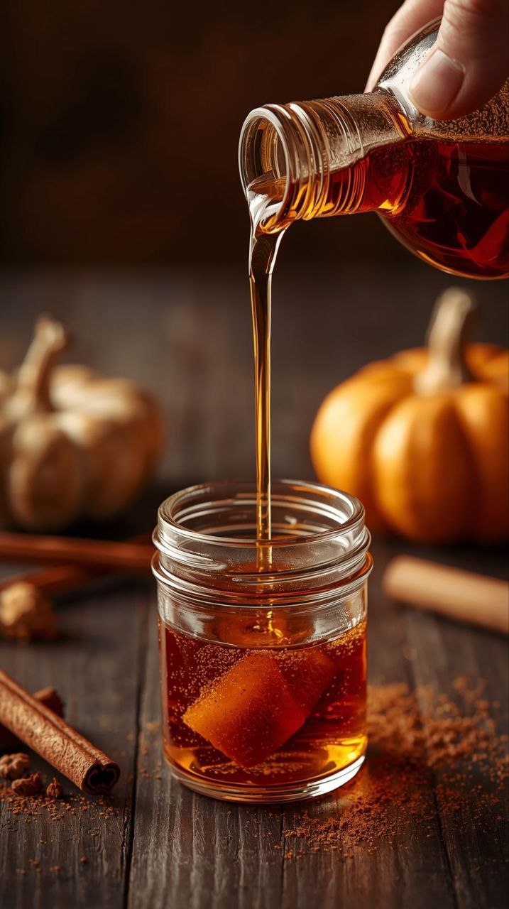 Rich amber-colored Pumpkin Spice Syrup being poured into a jar, highlighting its smooth and grainy-free texture.