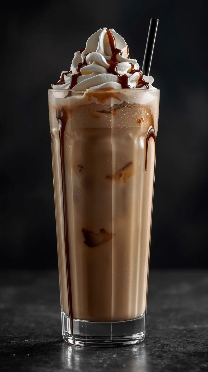 A creamy homemade chocolate Frappuccino topped with whipped cream and chocolate drizzle in a tall glass.