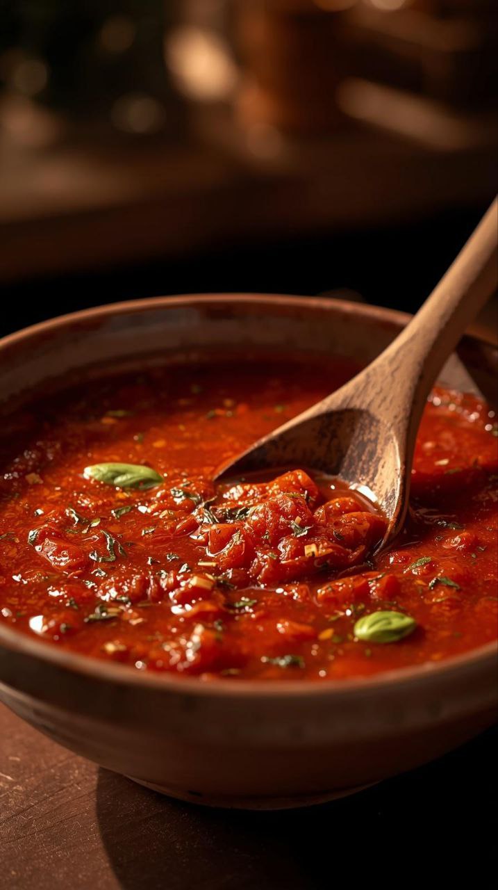 A close-up shot of rich and thick Marinara Sauce in an artisanal ceramic bowl, topped with fresh basil and oregano flecks.