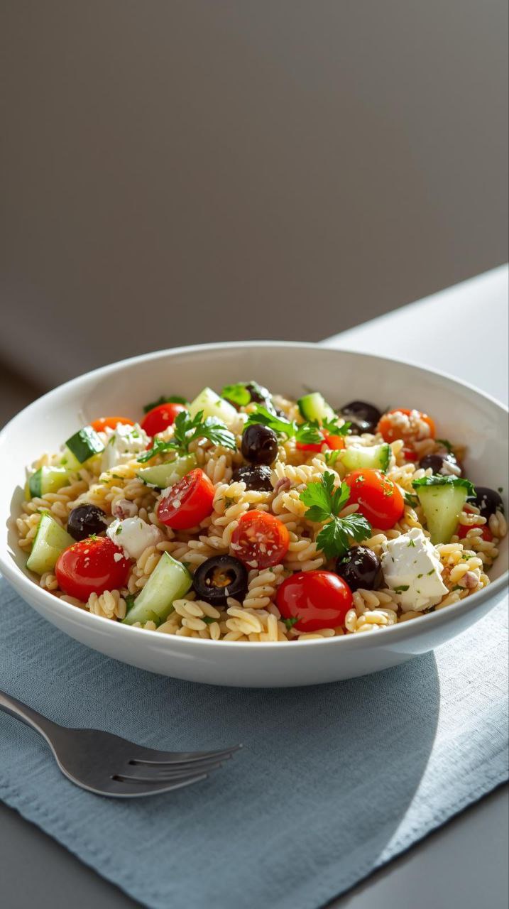 A vibrant Greek Orzo Salad with feta, olives, and tomatoes in a white bowl, shot in a bright studio setting.